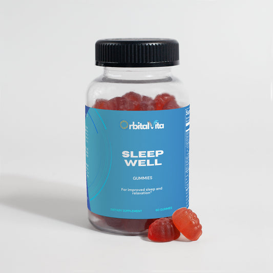 Two red Natural Sleep Well Gummies for Deep Sleep & Insomnia Relief are placed beside a clear container with a black lid, showcasing their soft texture and vibrant color.