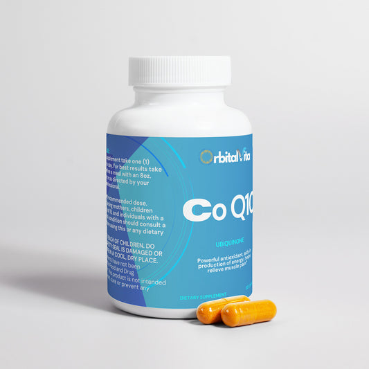 Coenzyme Q10 (CoQ10) Supplement Bottle showcasing Two Capsules beside– Energy & Heart Support