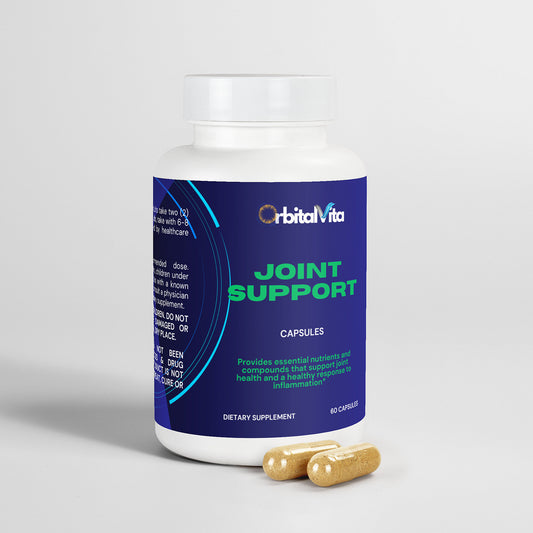 Two Joint Health Capsules beside bottle with Premium Ingredients – MSM, Glucosamine, Turmeric, Boswellia