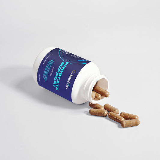 Prostate Support Supplement – Capsules Spilled from Bottle showing the products.